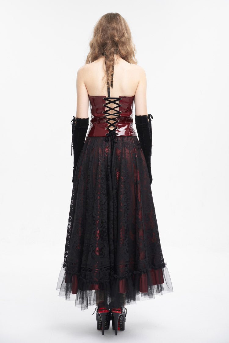 Red Lace Splice Patent Leather Women's Punk Overbust Corset - Product - 6