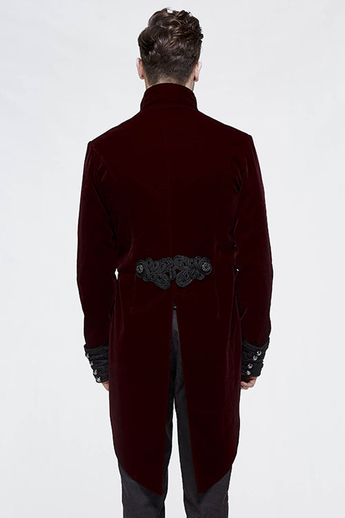 Wine Gothic Palace Embroidered Metal Rivets Dovetail Mens Coat - Product - 3