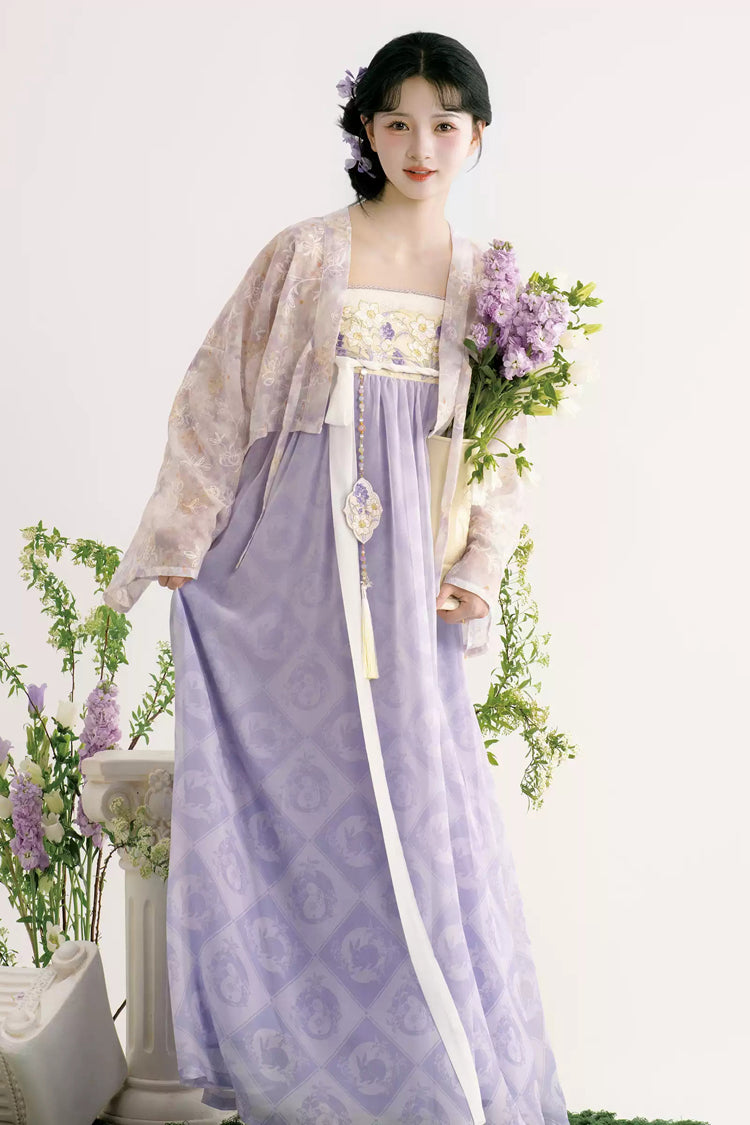 Purple [Lavender Garden] High Waisted Printed Women's Sweet Hanfu Set - Product - 2
