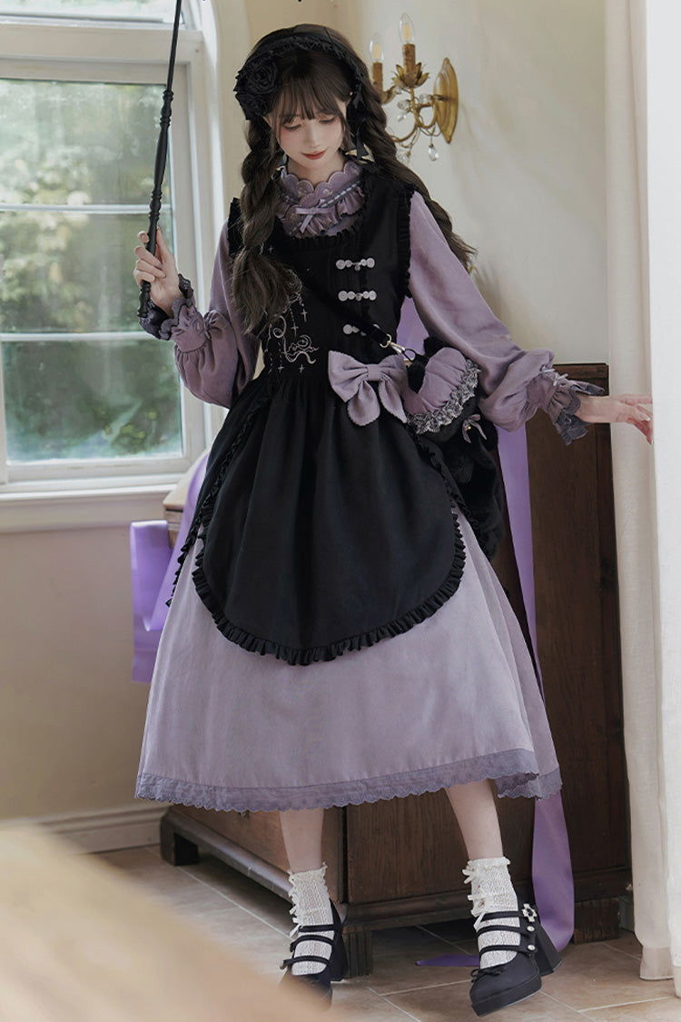 Black/Purple Petal Collar Drawstring Long Sleeves Embroidery Sweet Chinese Style Lolita Dress Two-piece Set - Product - 3