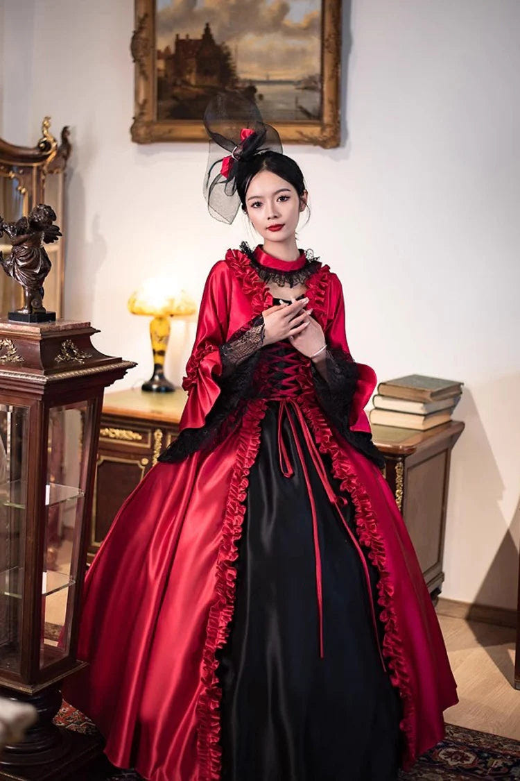 Wine Red Print Medieval Court Rococo Gothic Victorian Lolita Long Dress - Product - 4