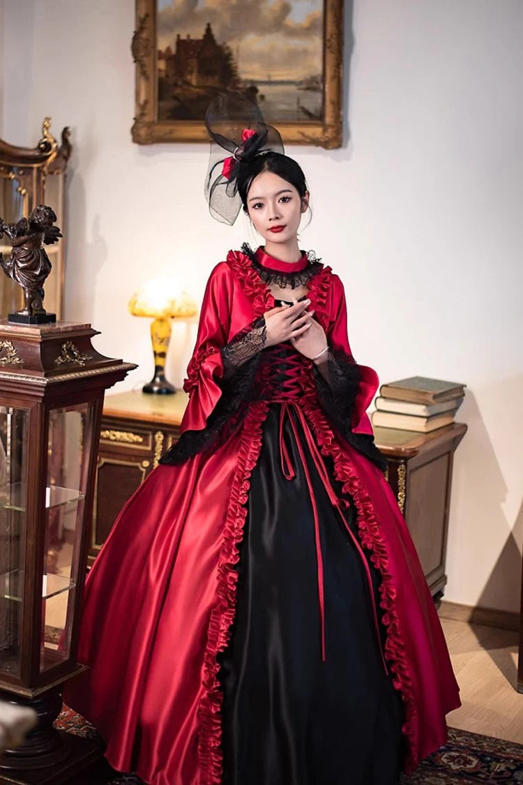 Wine Red Print Medieval Court Rococo Gothic Victorian Lolita Long Dress - Product - 4
