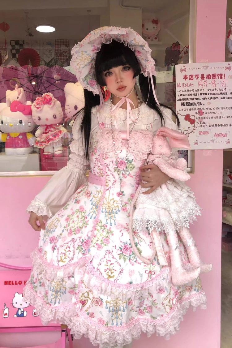 White/Pink Sleeveless Flower Wall Print Ruffle Bowknot Lace Sweet Lolita Jsk Dress - Product - 2