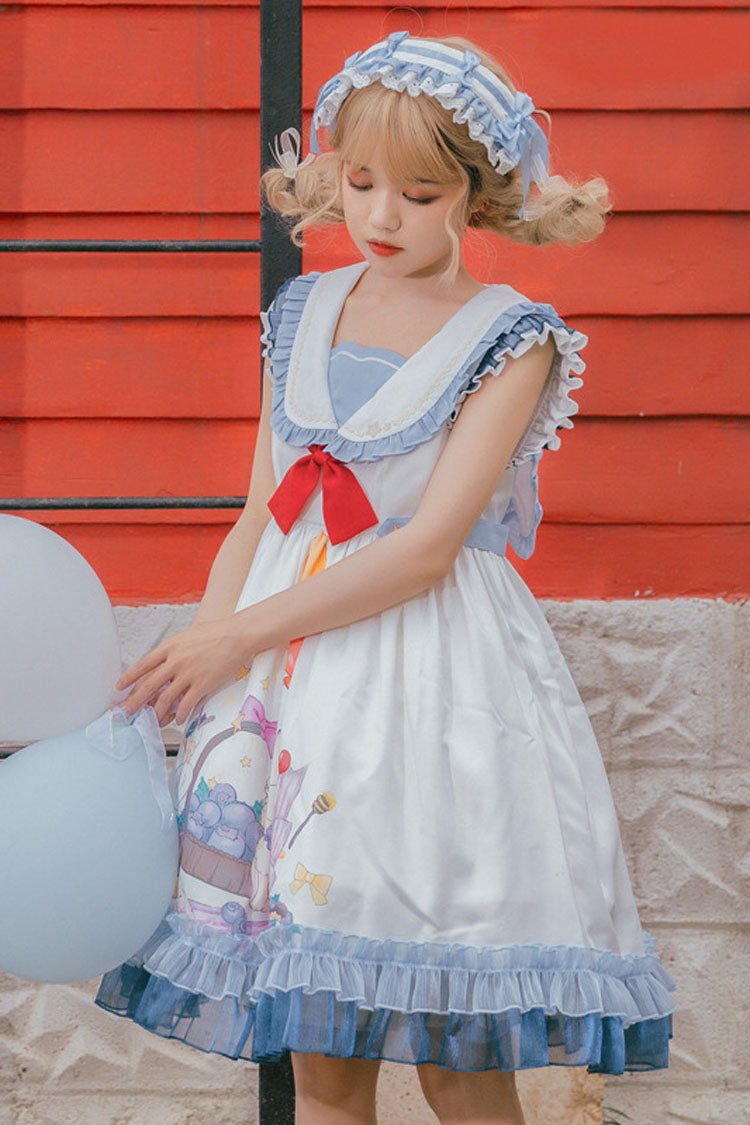 White/Blue Sailor Collar Delicious Food Print Ruffled Sweet Lolita Suspender Dress - Product - 3