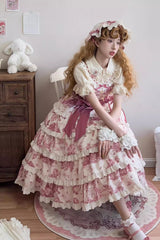 Rose Red [Grape Moon Almanac] Sleeveless Multi-Layered Printed Ruffled Bow Adjustable-Length Sweet Lolita Jsk Dress - Product - 9