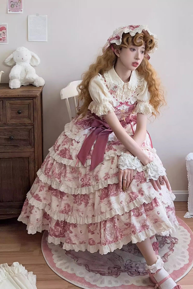 Rose Red [Grape Moon Almanac] Sleeveless Multi-Layered Printed Ruffled Bow Adjustable-Length Sweet Lolita Jsk Dress - Product - 9