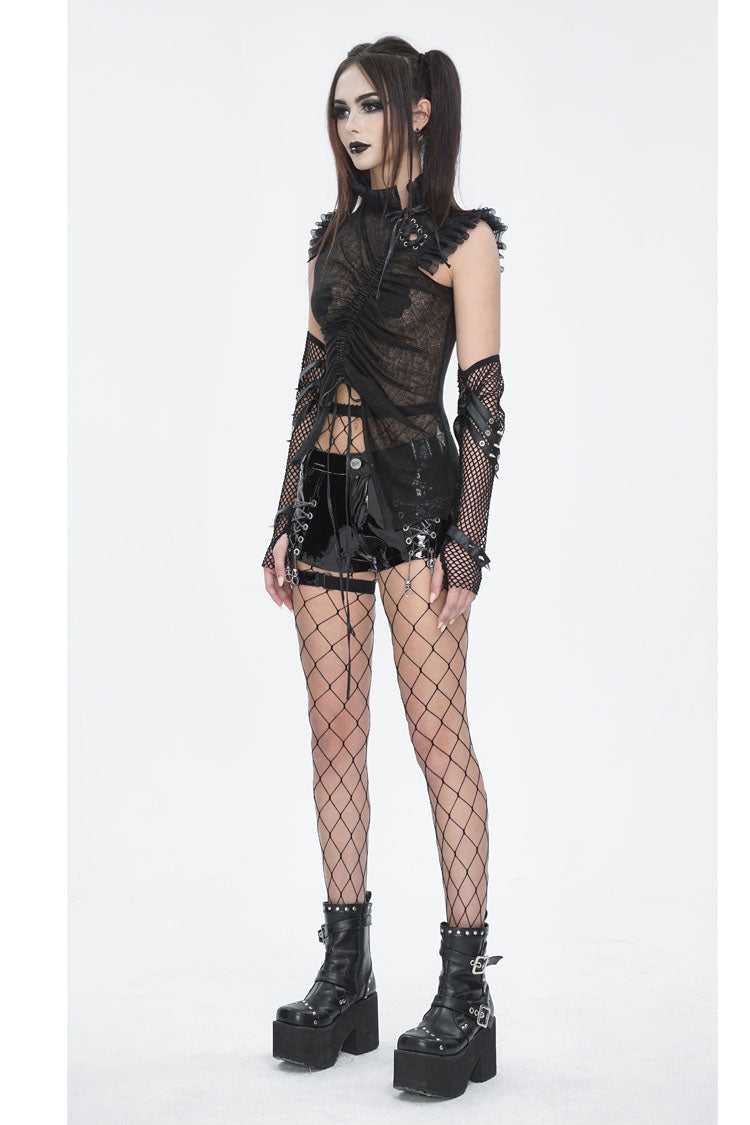 Black Sleeveless Ruffle Lace-Up Sheer Women's Gothic Blouse - Product - 3
