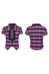 Women's Short Sleeves Plaid Print Hollow Lace Steampunk Blouse 2 Colors - Product - 10