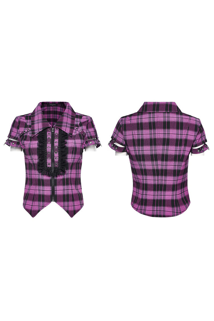Women's Short Sleeves Plaid Print Hollow Lace Steampunk Blouse 2 Colors - Product - 10
