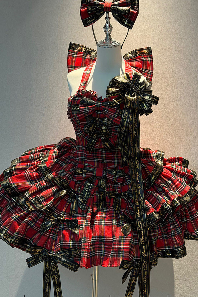 Red [Rock Kitty] Sleeveless Triple-Layered Printed Ruffled Bow Gothic Lolita Jsk Dress - Product - 4