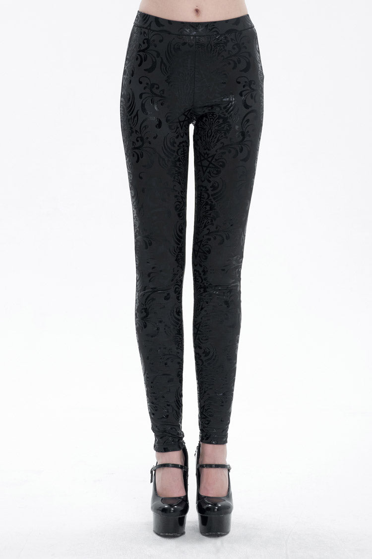 Black Stretch Pentagram Knit Special Print Women's Gothic Leggings - Black - 1