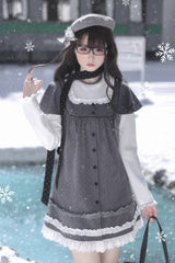 Grey Square Collar Long Sleeves Polka Dot Printed Ruffled Sweet Lolita Dress - Product - 16
