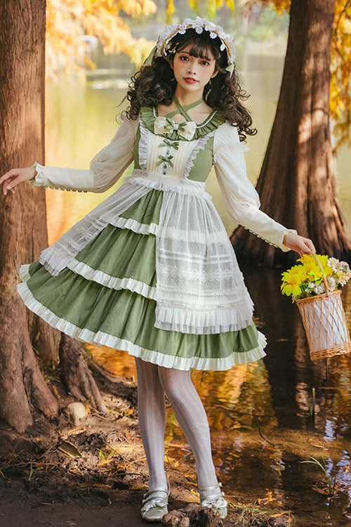 Round Collar Long Sleeve High Waist Multi-Layer Ruffled Sweet Lolita OP Dress - Green - 7
