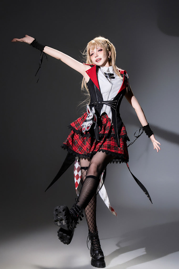 Black/Red [Rock Bunny] Sleeveless Double-Layered Embroidery Hooded Punk Lolita Skirt Set - Product - 7