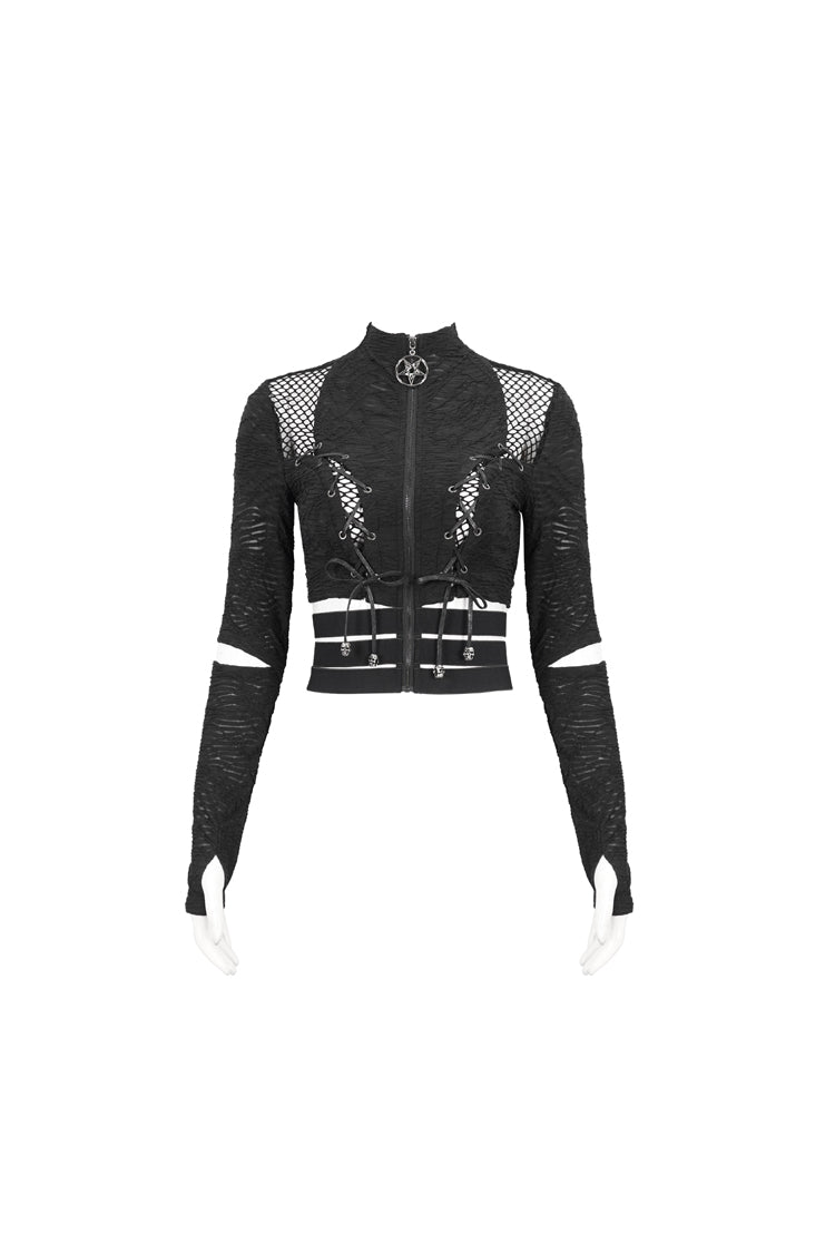 Black Ruched Strap Splice Mesh Long Sleeves Women's Gothic Shirt - Product - 6