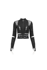 Black Ruched Strap Splice Mesh Long Sleeves Women's Gothic Shirt - Product - 6