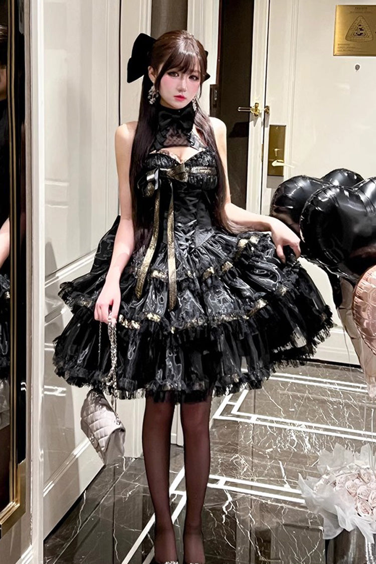 Black [First Kiss] Halterneck Triple-Layered Ruffle Lace Hot Stamping Gothic Princess Lolita Dress - Product - 6