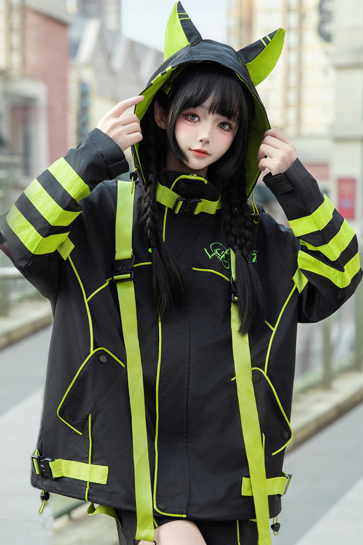 Yellow/Green/Black Long Sleeves Print Cat Ears Hooded Jirai Kei Handsome Coat - Product - 4