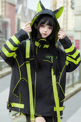 Yellow/Green/Black Long Sleeves Print Cat Ears Hooded Jirai Kei Handsome Coat - Product - 4