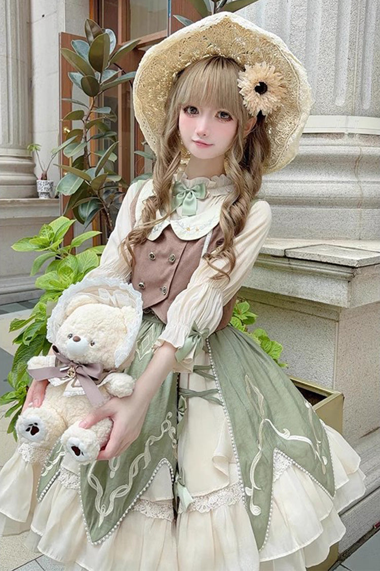 Green [The Wizard of Oz] Multi-Layered Print Ruffle Bowknot Sweet Lolita Dress Three Piece Set - Green - 1
