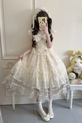 Apricot [Eternal Vow] Sleeveless Multi-Layered Ruffle Hanayome Bowknot Lace Lace-Up Sweet Lolita Jsk Dress - Product - 7