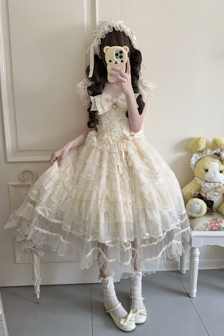 Apricot [Eternal Vow] Sleeveless Multi-Layered Ruffle Hanayome Bowknot Lace Lace-Up Sweet Lolita Jsk Dress - Product - 7