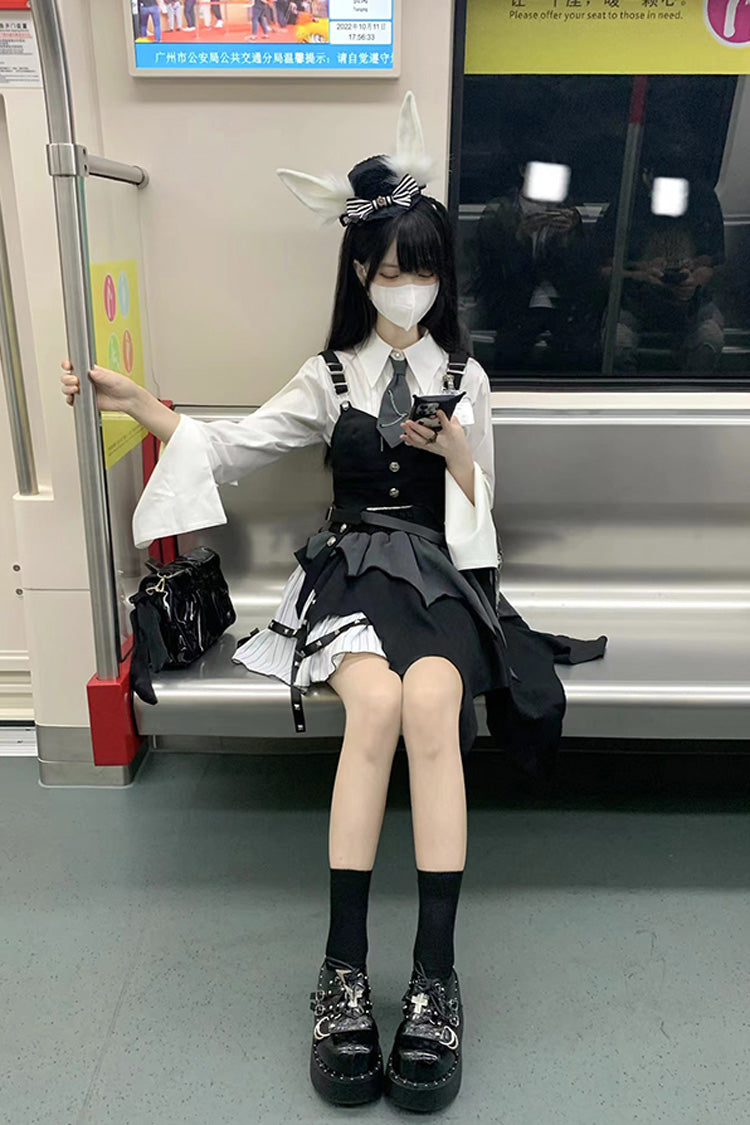 White/Black NSA Agent Gothic Irregular Lolita Skirt Set - Product - 5