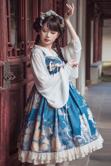 Blue White Tiger And Flowers Print Bowknot Chinese Style Classic Lolita Jsk Dress - Product - 3