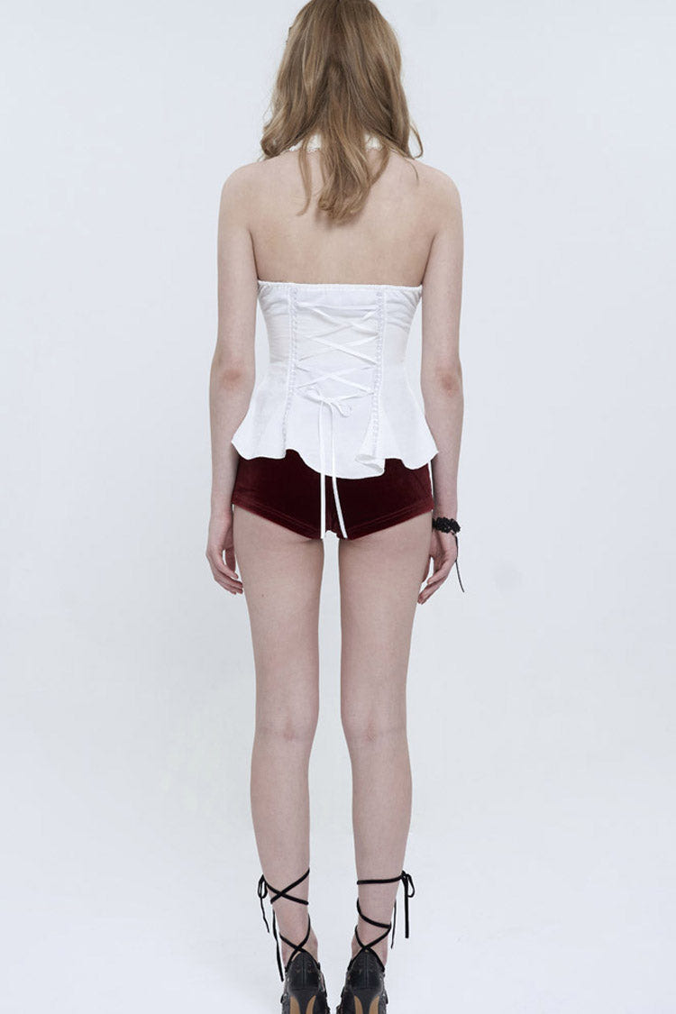 White Sleeveless Chiffon Front Lace Back Drawstring Straps Backless Women's Punk Blouse - Product - 8