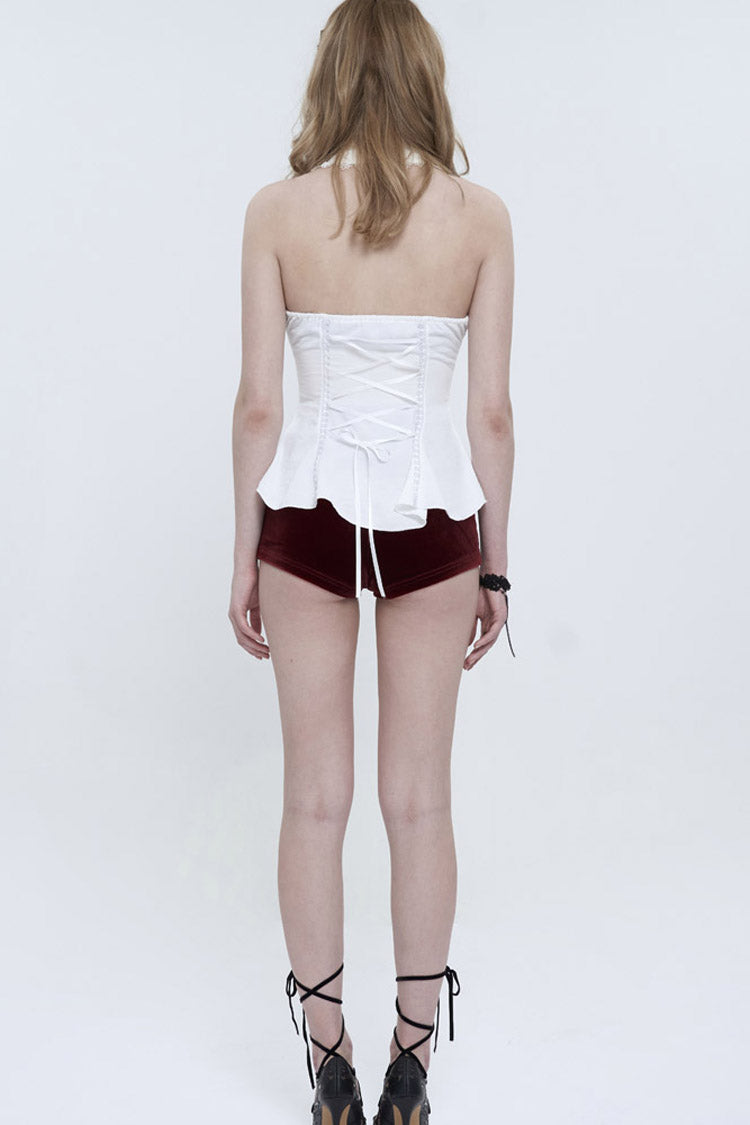 White Sleeveless Chiffon Front Lace Back Drawstring Straps Backless Women's Punk Blouse - Product - 8