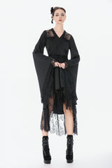 Black V Collar Long Trumpet Sleeves Lace Sheer Women's Gothic Kimono High Low Long Dress - Product - 9