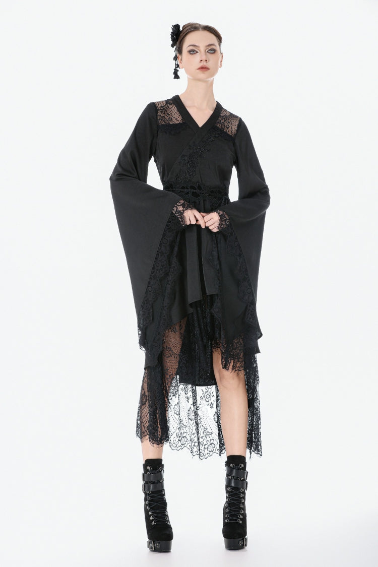 Black V Collar Long Trumpet Sleeves Lace Sheer Women's Gothic Kimono High Low Long Dress - Product - 9