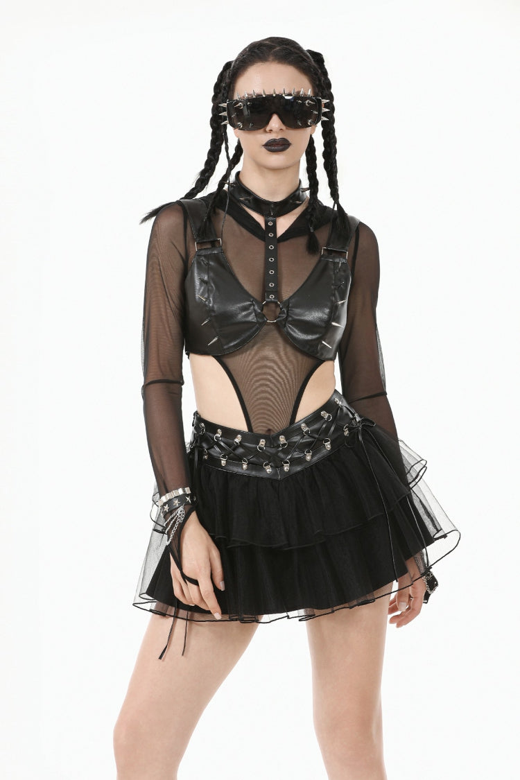 Black Metal Studded Women's Punk Faux Leather Bustier Crop Top with Adjustable Clasps - Product - 6