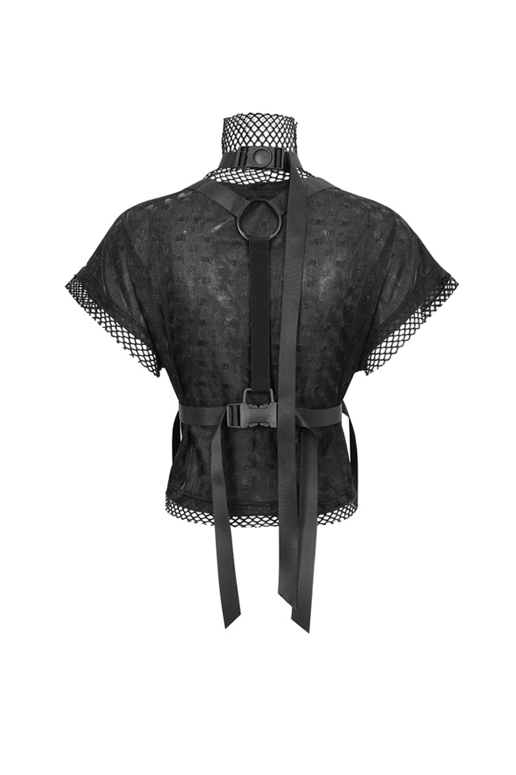 Black Short Sleeve High Collar Mesh Stitching Diamond Mesh Women's Punk T-Shirt - Product - 3