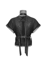 Black Short Sleeve High Collar Mesh Stitching Diamond Mesh Women's Punk T-Shirt - Product - 3