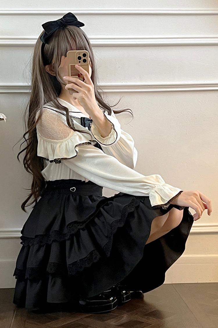 Black/White Sailor Collar Multi-Layered Ruffle Bowknot Jirai Kei Skirt Set - Product - 3