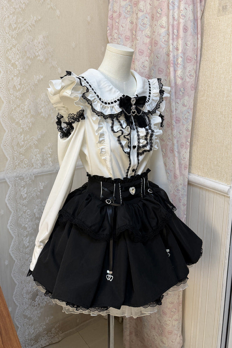 Black/White Doll Collar Long Sleeves Ruffled Bow Sweet Jirai Kei Skirt Set - Product - 3