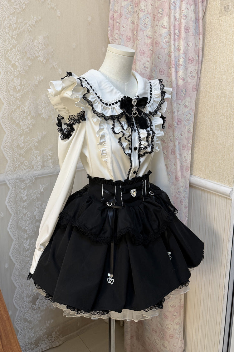 Black/White Doll Collar Long Sleeves Ruffled Bow Sweet Jirai Kei Skirt Set - Product - 3