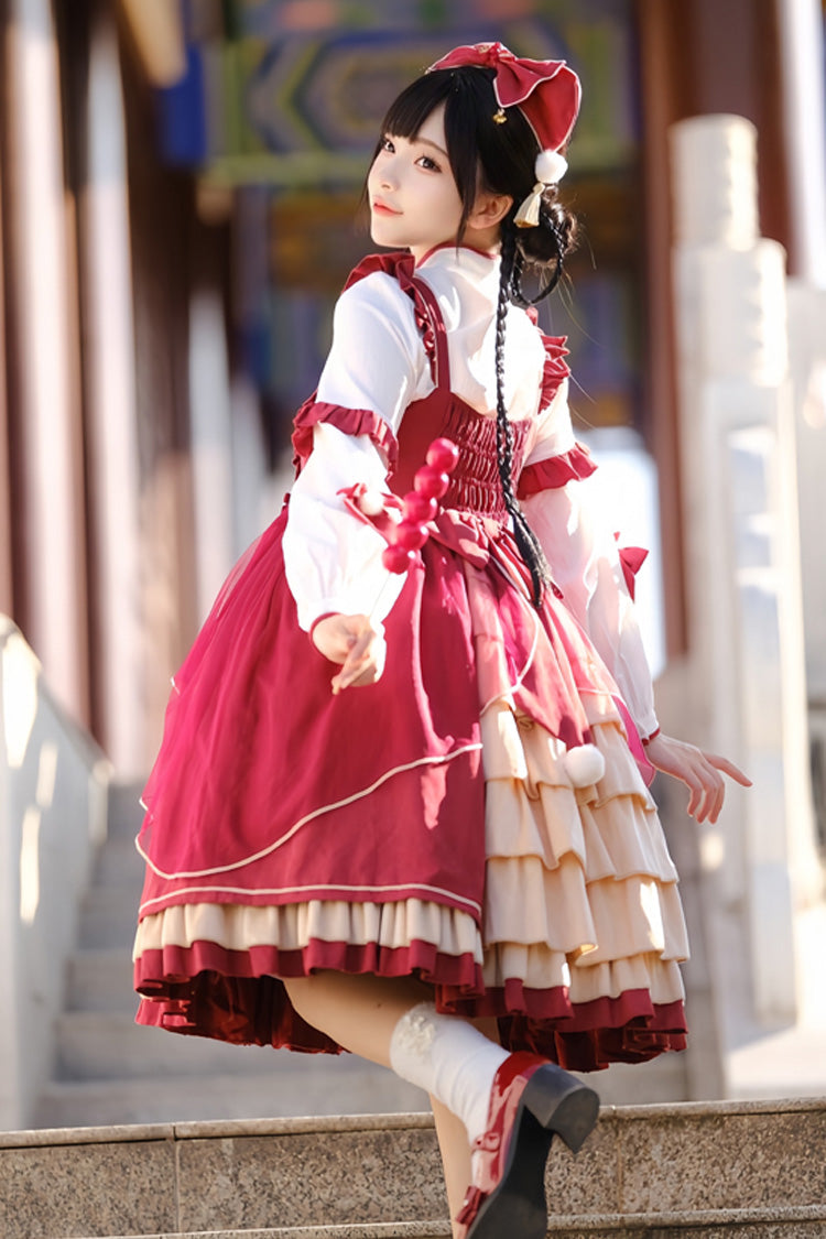 Red Double-Layered Dragon Print Bowknot Lace Sweet Lolita Jsk Dress - Product - 5