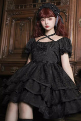 Black Thorn Rose Short Sleeves Multi-layer Ruffle Bowknot Gothic Princess Lolita Dress - Product - 2