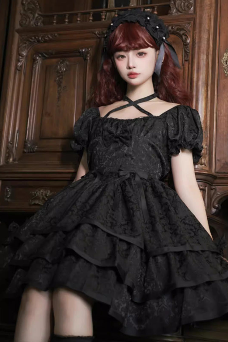 Black Thorn Rose Short Sleeves Multi-layer Ruffle Bowknot Gothic Princess Lolita Dress - Product - 2