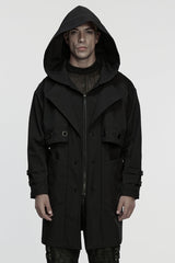 Black Lapel Collar Long Sleeves Hooded Zippered Eyelet Men's Gothic Coat - Black - 1