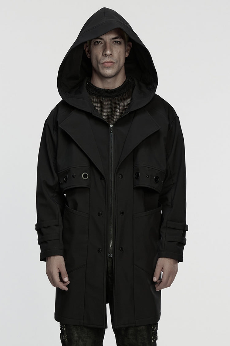 Black Lapel Collar Long Sleeves Hooded Zippered Eyelet Men's Gothic Coat - Black - 1