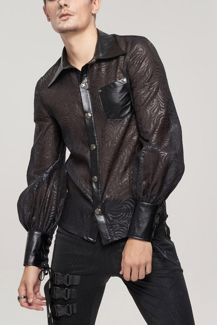 Black Punk Vertical Pattern Printing Cuff Drawstring Decoration See-Through Men's Shirt - Black - 1