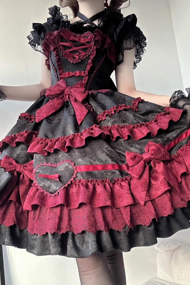 Black/Red [Super Cute Belia] Sleeveless Triple-Layered Ruffle Bowknot Lace Gothic Elegant Lolita Jsk Dress - Product - 6