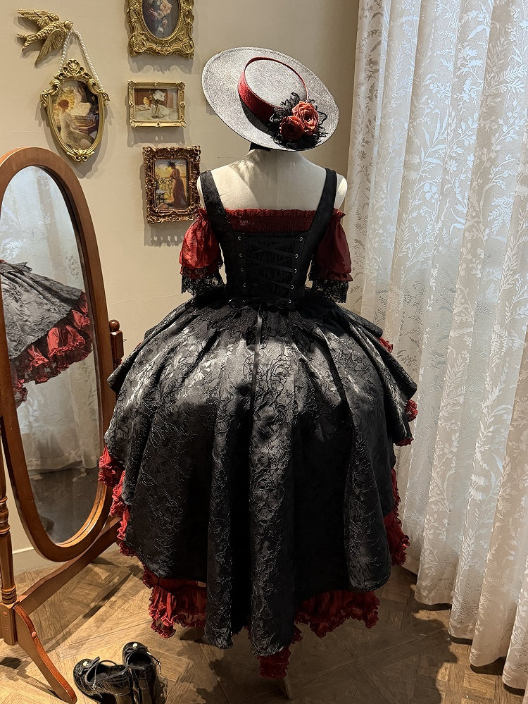 Red & Black Gothic Underbust JSK Dress and Off-Shoulder Blouse Set detail view 3