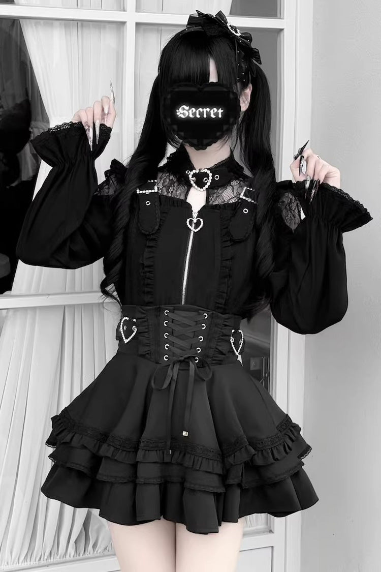 Jirai Kei [Heartbeat Buffy] Stand Collar Sleeveless Triple-Layered Ruffled Lace-Up Zippered Sweet Japanese Skirt and Blouse front view