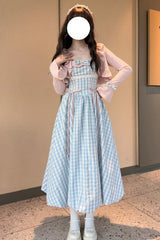 Blue [Sea Salt Strawberries] Sleeveless Plaid Print Bowknot Sweet Lolita Jsk Long Dress - Product - 3
