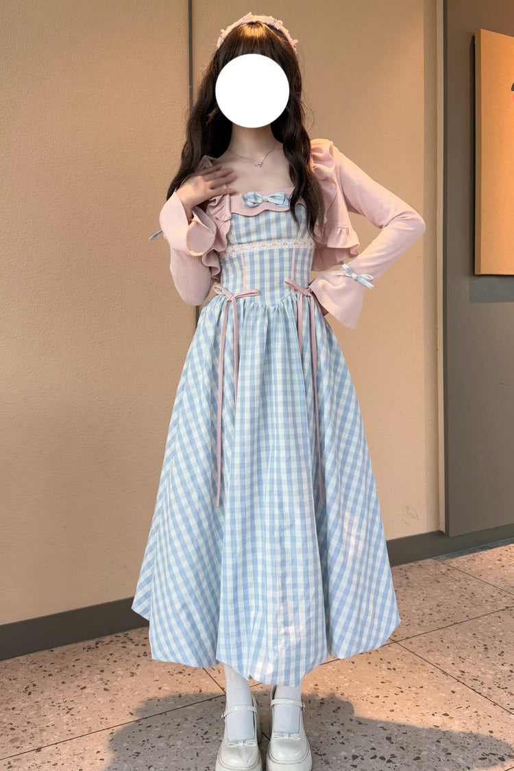 Blue [Sea Salt Strawberries] Sleeveless Plaid Print Bowknot Sweet Lolita Jsk Long Dress - Product - 3