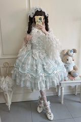 Blue [Silk Satin Gift Box] Square Collar Sleeveless Multi-Layered Ruffled Bow Lace Sweet Lolita Jsk Dress - Product - 8